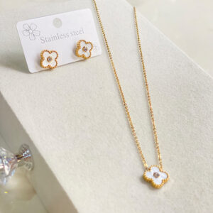 White Leaf Necklace with Ear Studs